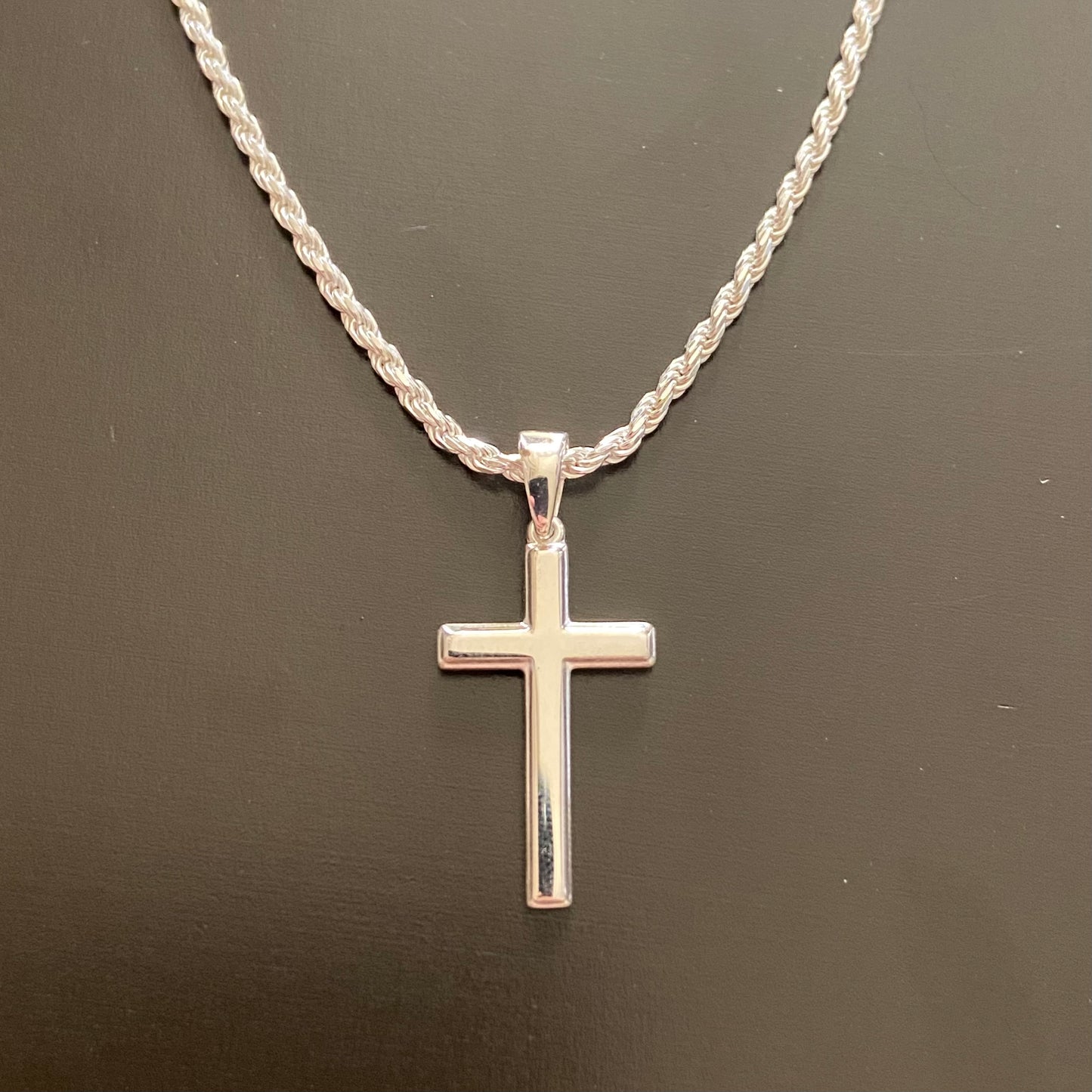 Solid Silver Cross and Rope Chain Set