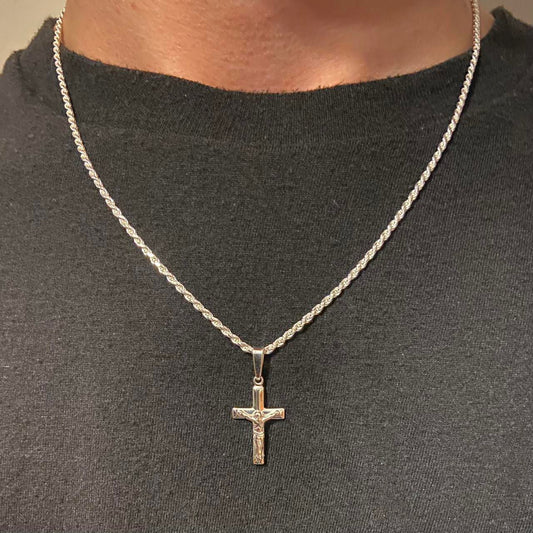 Solid Silver Cross and Rope Chain Set