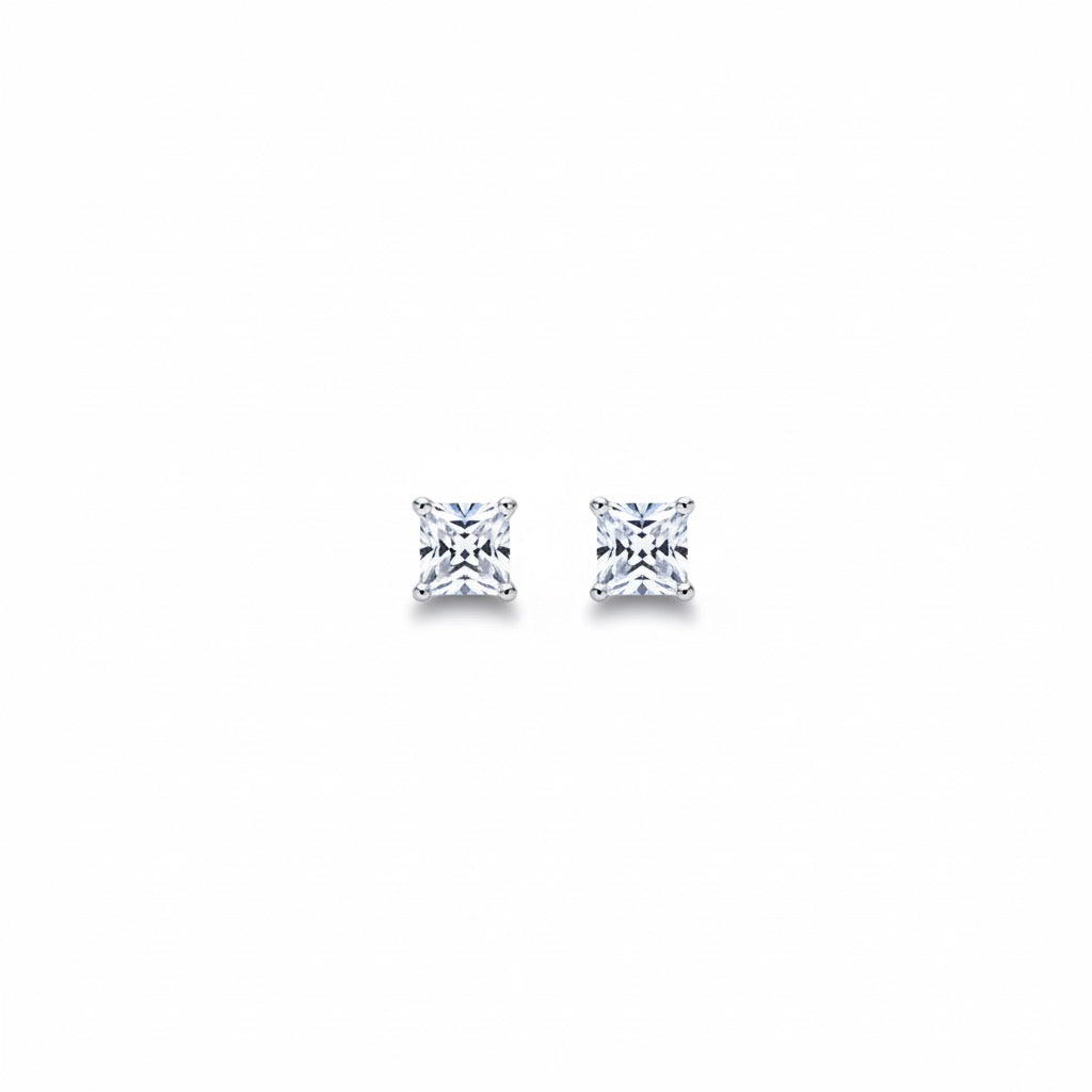 Solid Silver Princess Cut CZ Studs 4mm