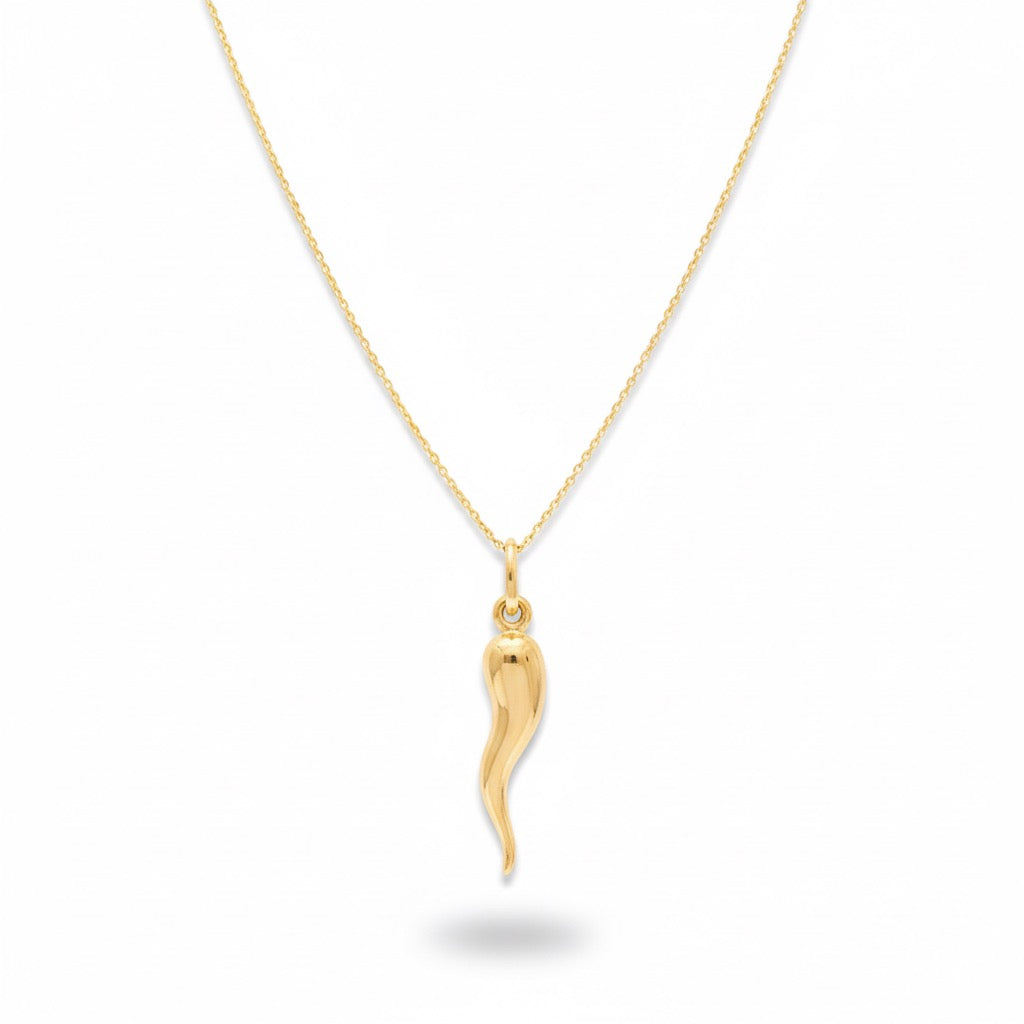 Solid Real 14k Yellow Gold Italian Horn and Chain Set