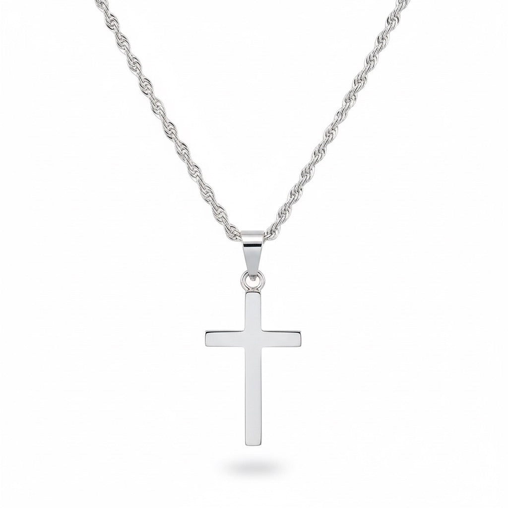 Solid Silver Cross and Rope Chain Set