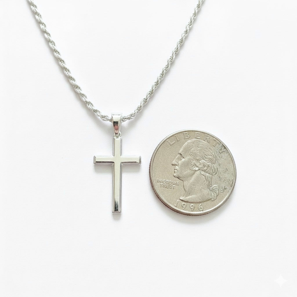Solid Silver Cross and Rope Chain Set