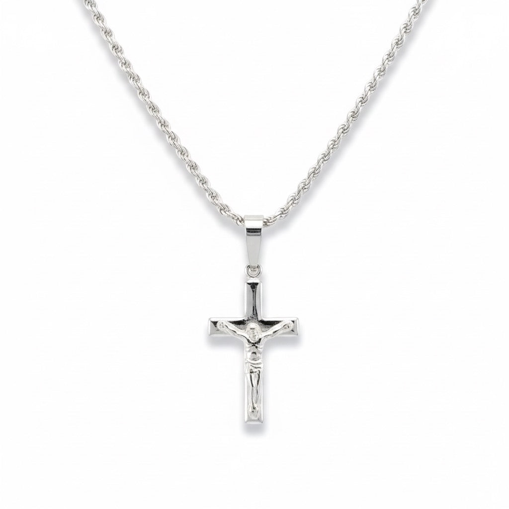 Solid Silver Cross and Rope Chain Set