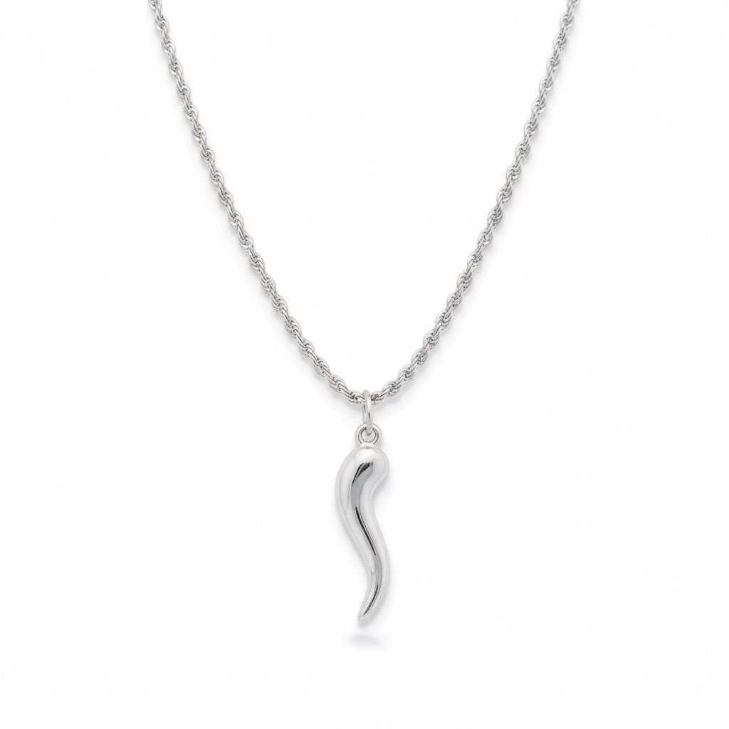 14k Solid White Gold Italian Horn and Chain Set