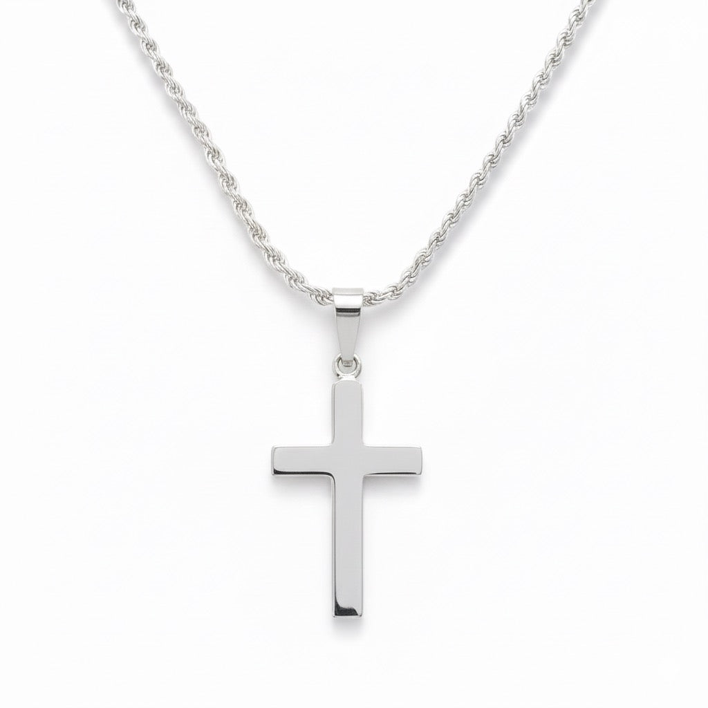 Solid Silver Cross and Rope Chain Set