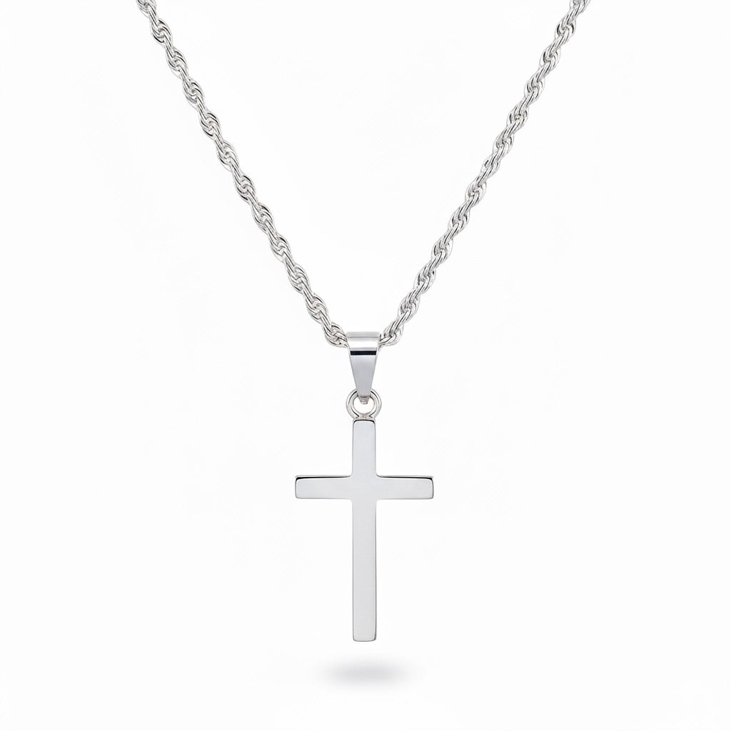 Solid Silver Cross and Rope Chain Set