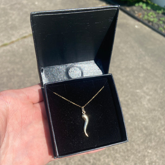 Solid Real 14k Yellow Gold Italian Horn and Chain Set