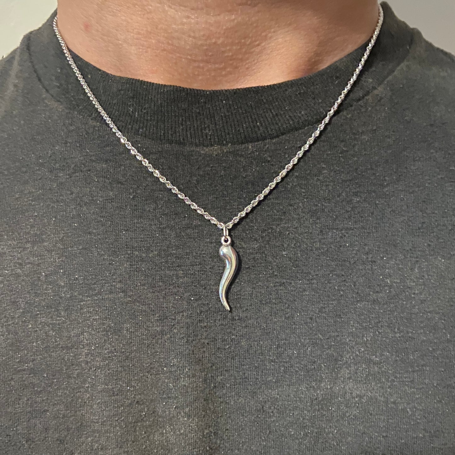 Solid Real 14k White Gold Italian Horn and Chain Set