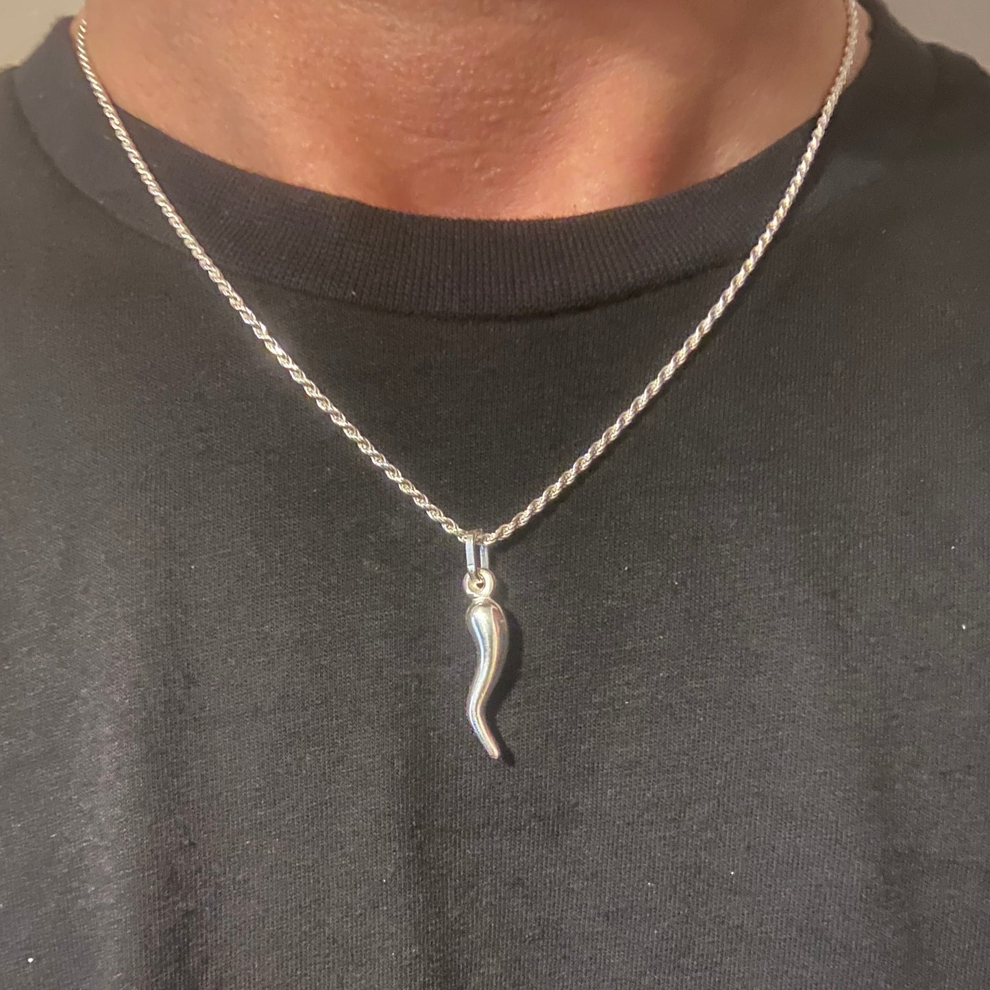 Solid Silver Italian Horn Necklace