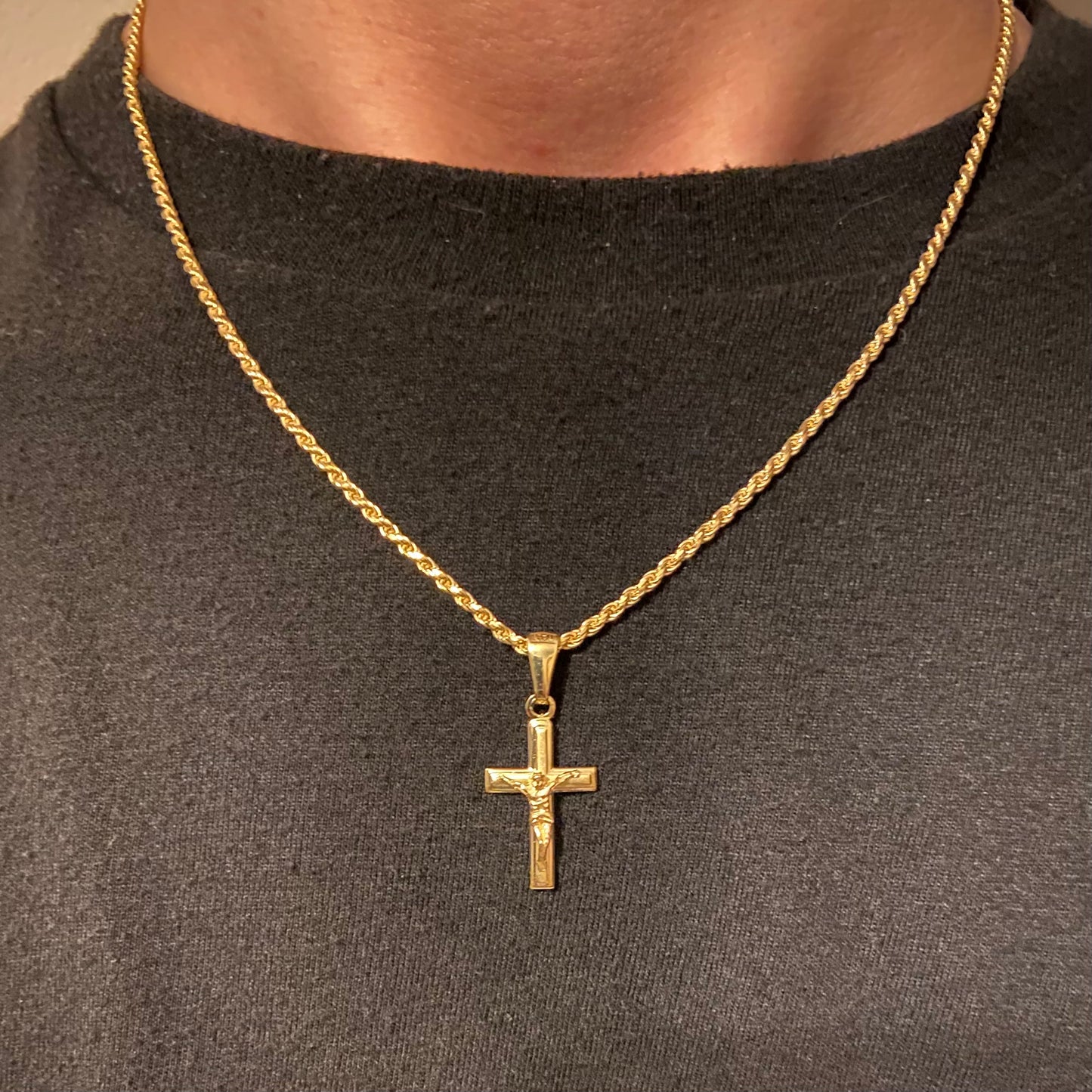 14k Gold Vermeil Cross and Rope Chain Set