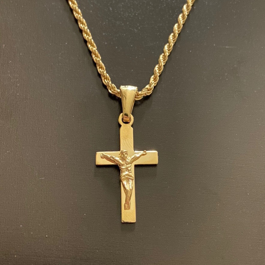 14k Gold Vermeil Cross and 20in 2mm Rope Chain Set