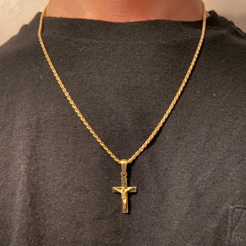 14k Gold Vermeil Cross and 20in 2mm Rope Chain Set - Prestige Jewelry